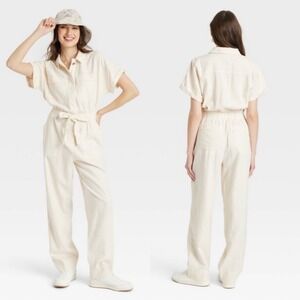 NWT Universal Thread Linen Boiler Utility Jumpsuit 16 Cream Coastal Minimalist
